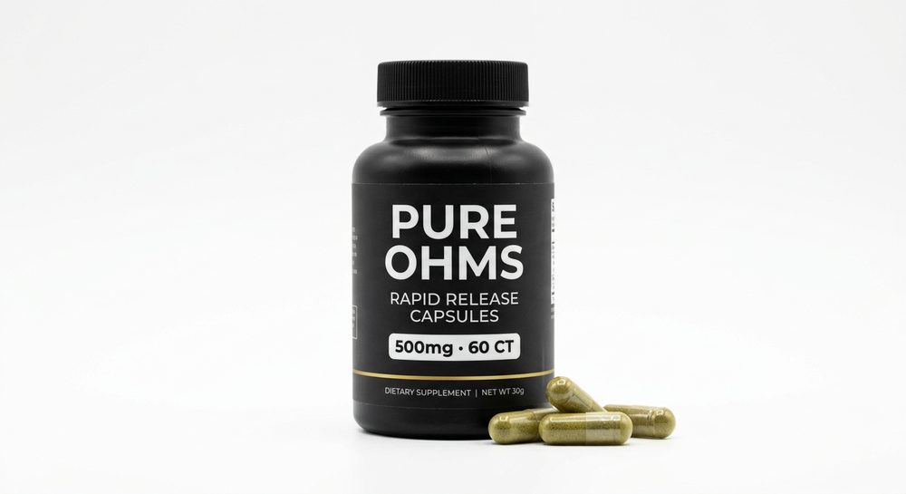 Pure Ohms rapid release kratom capsules 500mg 60 count bottle