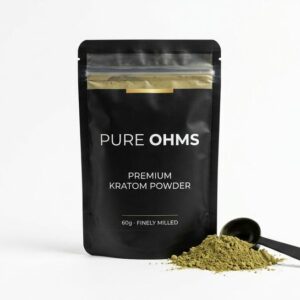 Pure Ohms premium finely milled kratom leaf powder 60g pouch with scoop