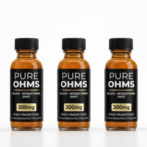 Five pack of Pure Ohms Black 300mg mitragynine liquid kratom shots