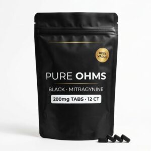 Pure Ohms Black 200mg mitragynine kratom tablets 12 count best value pouch